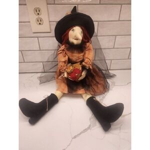 Vintage Delton Hand-Painted Cloth Face Halloween Witch Shelf Sitter Plush 24"